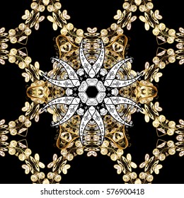 Seamless vintage pattern on black background with golden elements.