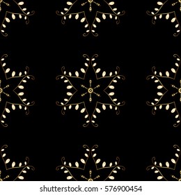 Seamless vintage pattern on black background with golden elements.