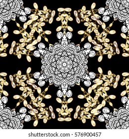 Seamless vintage pattern on black background with golden elements.