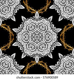 Seamless vintage pattern on black background with golden elements.