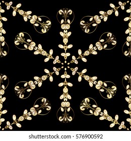 Seamless vintage pattern on black background with golden elements.