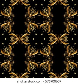 Seamless vintage pattern on black background with golden elements.