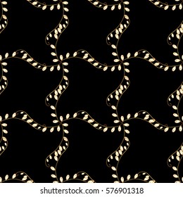 Seamless vintage pattern on black background with golden elements.