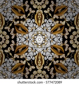 Seamless vintage pattern on black background with golden elements.