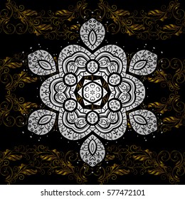 Seamless vintage pattern on black background with golden elements.