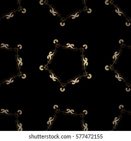 Seamless vintage pattern on black background with golden elements.