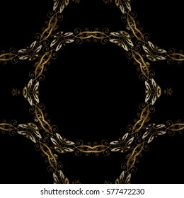 Seamless vintage pattern on black background with golden elements.