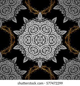 Seamless vintage pattern on black background with golden elements.