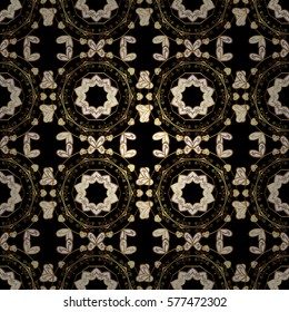 Seamless vintage pattern on black background with golden elements.