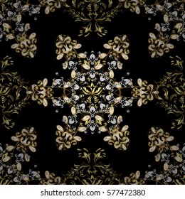 Seamless vintage pattern on black background with golden elements.