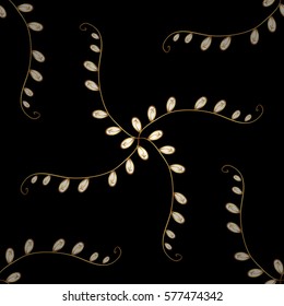 Seamless vintage pattern on black background with golden elements.