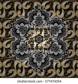 Seamless vintage pattern on black background with golden elements.
