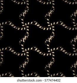 Seamless vintage pattern on black background with golden elements.