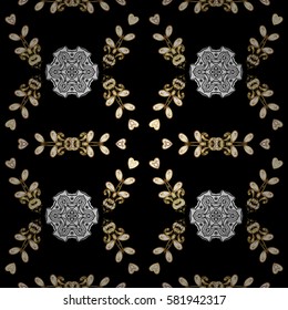 Seamless vintage pattern on black background with golden elements. Christmas, snowflake, new year. Golden pattern on black background with golden elements.