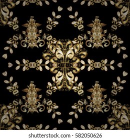 Seamless vintage pattern on black background with golden elements. Christmas, snowflake, new year 2018.