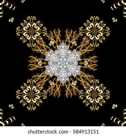 Seamless vintage pattern on black background with golden elements and with white doodles. Christmas, snowflake, new year.