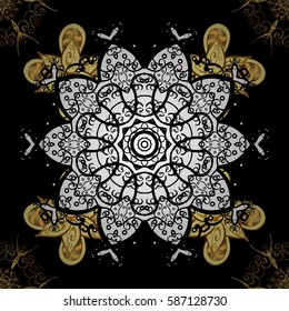 Seamless vintage pattern on black background with golden elements and with white doodles. Christmas, snowflake, new year.