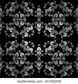 Seamless vintage pattern on black background with whiteen elements. Christmas, snowflake, new year. White seamless pattern on black background with white elements.