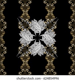 Seamless vintage pattern on black background with golden elements and with white doodles. Christmas, snowflake, new year.