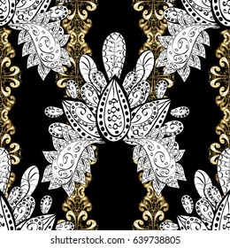 Seamless vintage pattern on black background with golden elements and with white doodles.