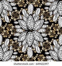 Seamless vintage pattern on black background with golden elements and with white doodles. Christmas, snowflake, new year.