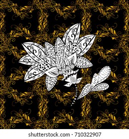 Seamless vintage pattern on black background with golden elements and with white doodles. Christmas, snowflake, new year.