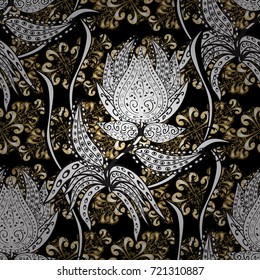 Seamless vintage pattern on black, white and gray colors with golden elements and with white doodles. Christmas, snowflake, new year.