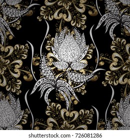 Seamless vintage pattern on black, white and gray colors with golden elements and with white doodles. Christmas, snowflake, new year.