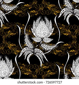 Seamless vintage pattern on black, white and gray colors with golden elements and with white doodles. Christmas, snowflake, new year.