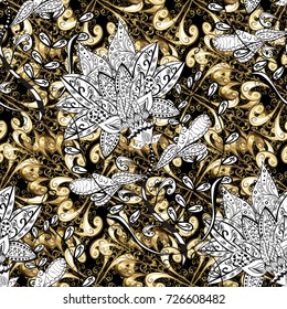 Seamless vintage pattern on black, white and beige colors with golden elements and with white doodles. Christmas, snowflake, new year.