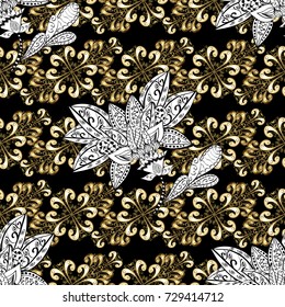 Seamless vintage pattern on black, white and beige colors with golden elements and with white doodles. Christmas, snowflake, new year.