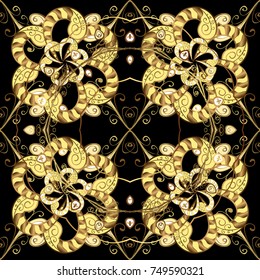 Seamless vintage pattern on black, yellow and brown colors with golden elements. Christmas, snowflake, new year. Golden seamless pattern on black, yellow and brown colors with golden elements.