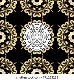 Seamless vintage pattern on black colors with golden elements and with white doodles. Christmas, snowflake, new year.