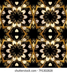 Seamless vintage pattern on black colors with golden elements. Christmas, snowflake, new year. Golden seamless pattern on black colors with golden elements.