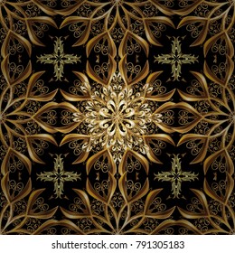 Seamless vintage pattern on black colors with golden elements. Christmas, snowflake, new year 2018.