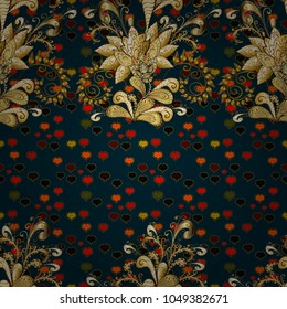 Seamless vintage pattern on blue, brown and yellow colors with golden elements. Christmas, snowflake, new year 2019.