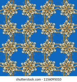 Seamless vintage pattern on blue, beige and brown colors with golden elements. Christmas, snowflake, new year 2019.