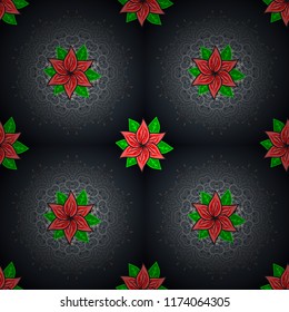 Seamless vintage pattern on blue, yellow and brown colors with golden elements. Christmas, snowflake, new year 2019.