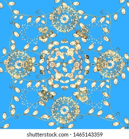Seamless vintage pattern on blue and white colors with golden elements. Golden seamless pattern on blue and white colors with golden elements. Christmas, snowflake, new year.