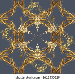 Seamless vintage pattern on blue and brown colors with golden elements. Christmas, snowflake, new year 2019.