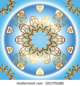 Seamless vintage pattern on blue and neutral colors with golden elements. Christmas, snowflake, new year 2019.