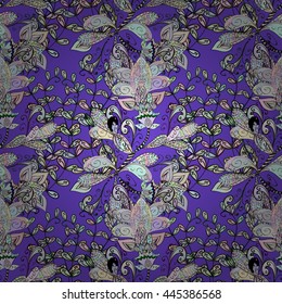 Seamless vintage pattern on blue background with floral elements.