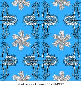 Seamless vintage pattern on blue background with white elements.