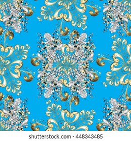 Seamless vintage pattern on blue background with golden and white elements.