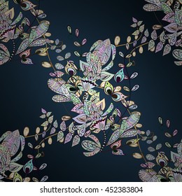 Seamless vintage pattern on blue background with golden elements.