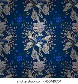 Seamless vintage pattern on blue background with white elements.