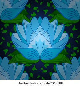 Seamless vintage pattern on blue background with green elements.