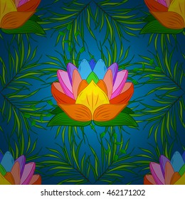 Seamless vintage pattern on blue background with green elements.