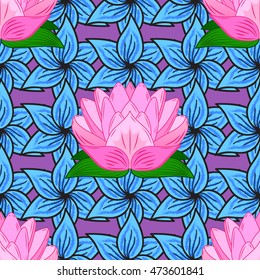 Seamless vintage pattern on blue and pink floral background with green leaves.