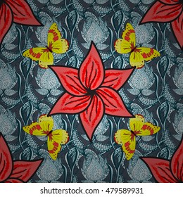 Seamless vintage pattern on blue floral background with yellow butterflies.